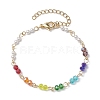 7 Chakra Faceted Glass & 3mm Round Shell Pearl Link Bracelets for Women BJEW-JB10379-1