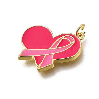 October Breast Cancer Pink Awareness Ribbon Brass Enamel Pendants LS-KK-G525-10G-05-1