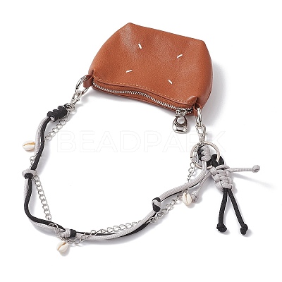 Polyester & Spandex Cord Rope Braided Human & Natural Cowrie Shell Charm Iron Chain Bag Decorative Chains AJEW-BA00173-02-1