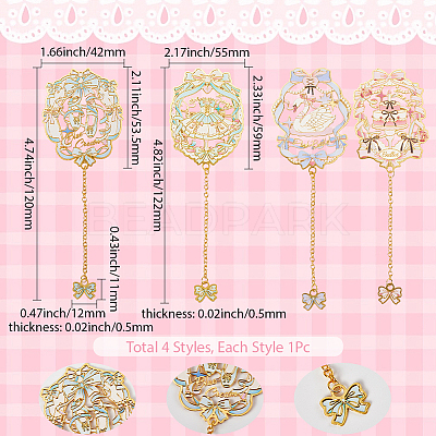 4Pcs 4 Styles Ballet Theme Brass & Iron Enamel Bookmarks with Chain and Bowknot Charms AJEW-SP0002-24-1