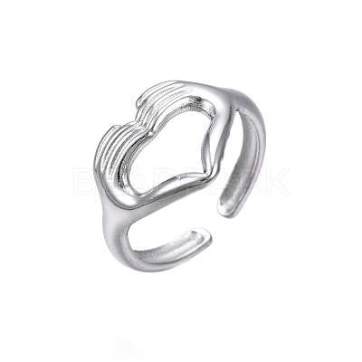 Non-Tarnish 304 Stainless Steel Heart Gesture Open Cuff Ring for Women RJEW-S405-260P-1