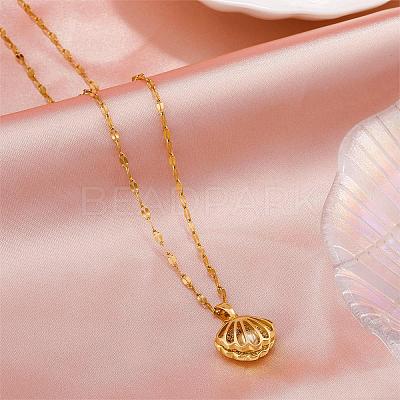 Seashell Pearl Necklace Clear Cubic Zirconia Shell Cage Dangle Necklace Summer Scallop Choker Charm Stainless Steel Jewelry for Women Beach JN1114A-1