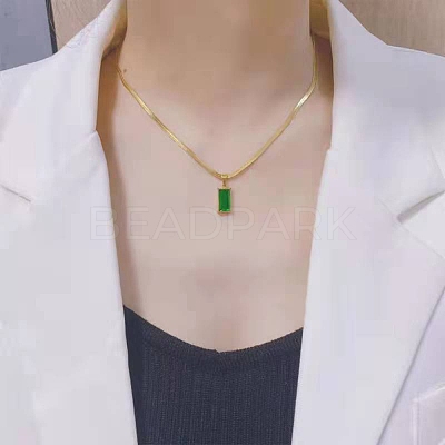 Sea Green Cubic Zirconic Rectangle Pendant Necklace NJEW-Z028-01G-1