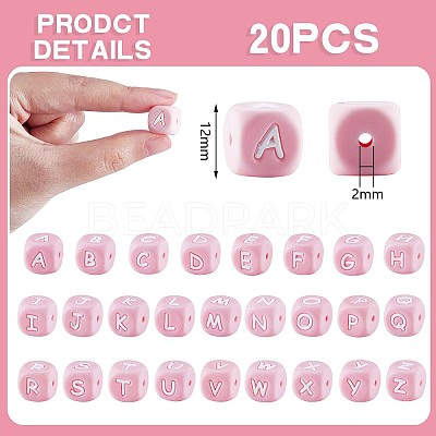 20Pcs Pink Cube Letter Silicone Beads 12x12x12mm Square Dice Alphabet Beads with 2mm Hole Spacer Loose Letter Beads for Bracelet Necklace Jewelry Making JX435Y-1