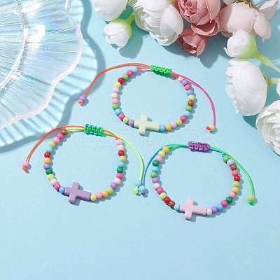 Cross & Round Acrylic Braided Bead Bracelets BJEW-JB10239-01-1