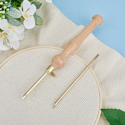 Wood Handle Brass Punch Embroidery Needle Pen & Easy Automatic Threader Set DIY-WH0453-88B-1