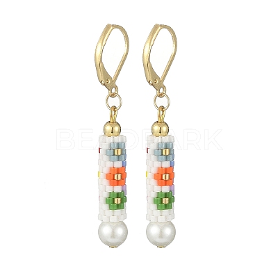 Glass Seed Braided Column with Flower Dangle Leverback Earrings EJEW-MZ00055-1