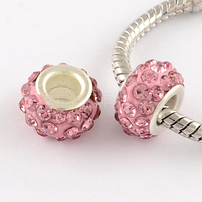 Polymer Clay Rhinestone European Large Hole Beads with Silver Color Plated Brass Cores FPDL-R002-14-1