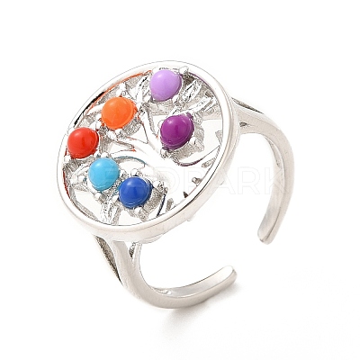 Colorful Resin Beaded Tree of Life Open Cuff Ring RJEW-G274-02P-1