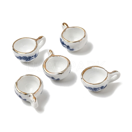 Floral Printed Blue and White Porcelain 3D Teacup Pendants with Gold Trim PORC-P036-01C-1