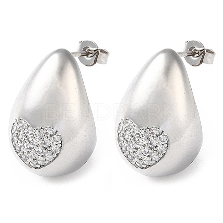Teardrop with Heart Brass Micro Pave Clear Cubic Zirconia Stud Earrings EJEW-A034-02P-1