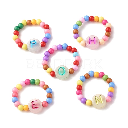 Colorful Flat Round with Letter Acrylic Finger Ring with Round Beads for Women RJEW-JR00427-1