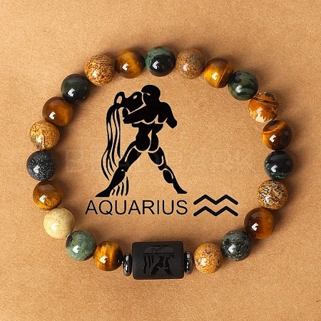 Twelve Constellations Natural Tiger Eye & Picture Jasper & Rhyolite Jasper Round & Column Beaded Stretch Bracelets for Women Men WG6FA5D-01-1