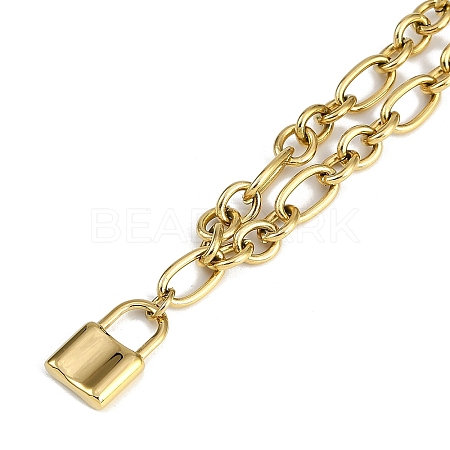 304 Stainless Steel Lock Pendant Figaro Chain Necklaces NJEW-I129-02G-1