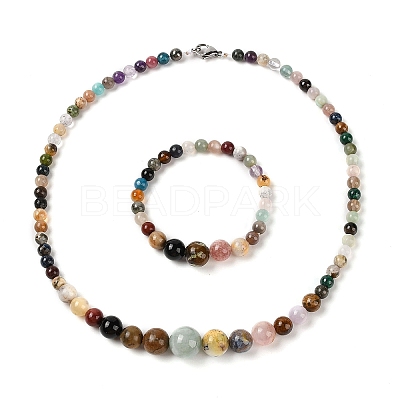 Natural Mixed Stone Round Beads Bracelets & Necklaces Sets SJEW-L132-21-1