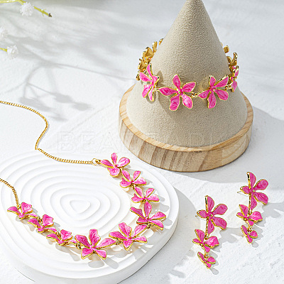 Flower Brass Enamel Pendant Necklace & Stud Dangle Earring & Link Bracelet FS-WG6CF2D-01-1
