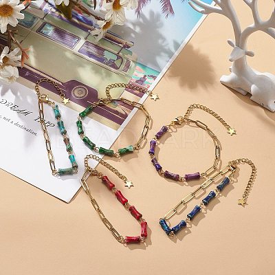 Natural Imperial Jasper(Dyed) Bamboo Joint Beaded Bracelet with Golden 304 Stainless Steel Chains for Women BJEW-JB09028-1
