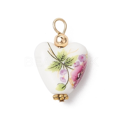 Heart Shaped Pink Floral Printed Porcelain Pendants PALLOY-JF03972-1