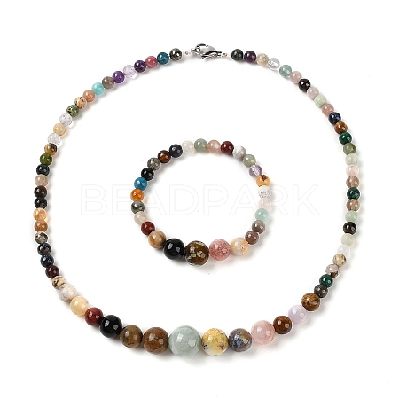 Natural Mixed Stone Round Beads Bracelets & Necklaces Sets SJEW-L132-21-1