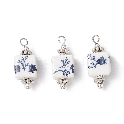 Blue and White Floral Printed Cube Porcelain Pendants PALLOY-JF03965-01-1
