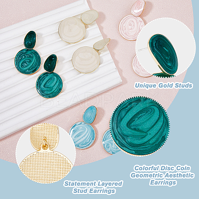 4 Pairs 4 Colors Alloy Enamel Flat Round Dangle Stud Earrings for Women EJEW-FI0002-65-1