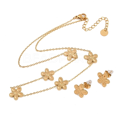 Flower 304 Stainless Steel Necklaces & Stud Earrings Sets for Women SJEW-K003-01G-1