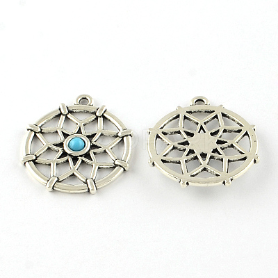 Filigree Flat Round Tibetan Style Alloy Synthetic Turquoise Pendants G-D732-AS-1