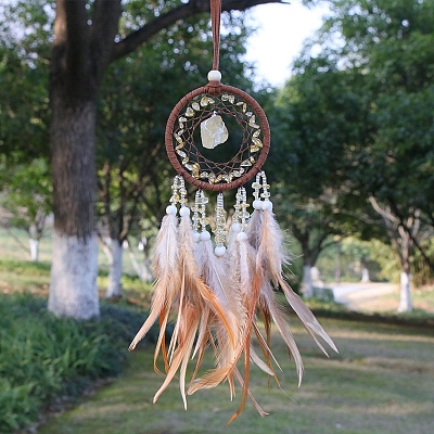 Natural Citrine Chips Woven Net/Web with Feather Pendant Decoration WICH-PW0001-39C-1