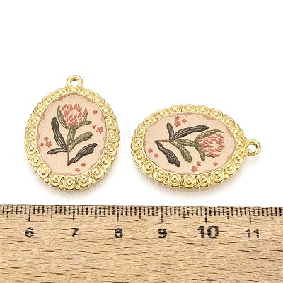 Vintage Printed Style 304 Stainless Steel Oval with Lotus Pendants STAS-T071-29B-G-1