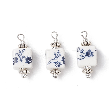 Blue and White Floral Printed Cube Porcelain Pendants PALLOY-JF03965-01-1