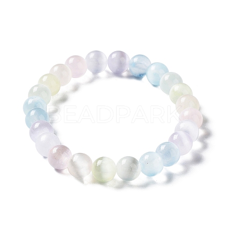 Macaron Color Dyed Natural Selenite Round Beaded Stretch Bracelet BJEW-D024-01-1