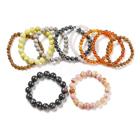 Natural & Synthetic Mixed Gemstone Round Beaded Stretch Bracelet BJEW-D446-M-1