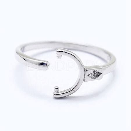 Anti-Tarnish Adjustable Rhodium Plated 925 Sterling Silver Cuff Finger Design Ring Mounts Fittings with Pearl Seat STER-I016-045P-1