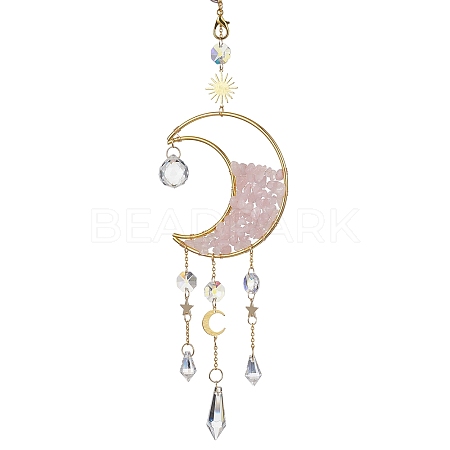 Wire Wrapped Natural Rose Quartz Chip & Brass Moon Pendant Decorations HJEW-JM01504-01-1