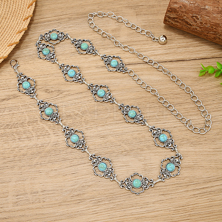 Alloy & Iron & Synthetic Turquoise Flower Link Chain Waist Belly Chains for Women FS-WG44F02-01-1
