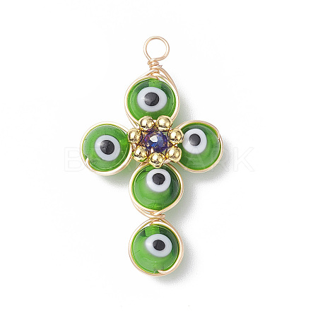 Brass Wire Wrapped Handmade Evil Eye Lampwork Pendants PALLOY-TA00036-05-1