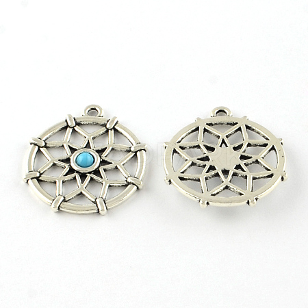 Filigree Flat Round Tibetan Style Alloy Synthetic Turquoise Pendants G-D732-AS-1
