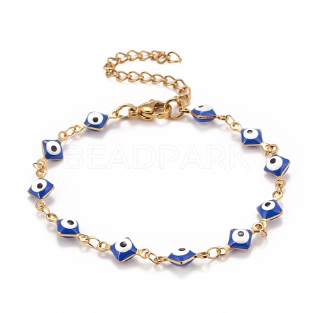 Enamel Rhombus with Evil Eye Link Chains Bracelet BJEW-P271-03G-03-1