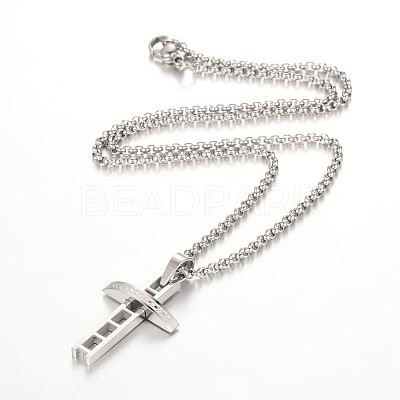 Tarnish Resistant 304 Stainless Steel Rolo Chain Cross Pendant Necklaces NJEW-JN01287-1