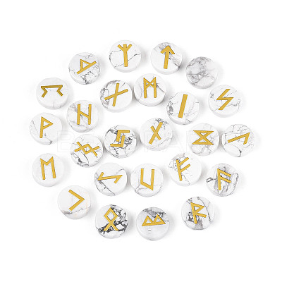 Brass Elder Futhark Alphabet Engraved Symbol Flat Round Natural Howlite Rune Stones G-I373-01F-1