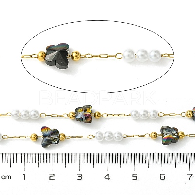 10M Ion Plating(IP) 304 Stainless Steel & ABS Plastic Pearl Bead & Butterfly Glass Link Chains CHS-G035-04G-01-1