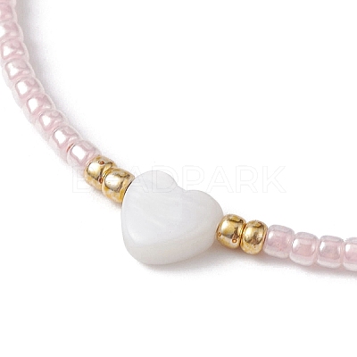 Heart Natural Shell & Glass Seed Braided Bead Bracelets BJEW-JB09922-01-1