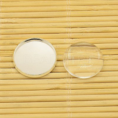 Brass Cabochons Settings and Flat Round Transparent Clear Glass Cabochons KK-X0009-S-RS-1