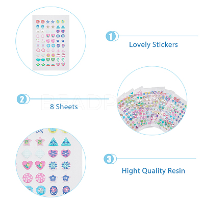 SUPERFINDINGS 8 Sheets 8 Styles 3D Gems Earring Stickers for Girls 