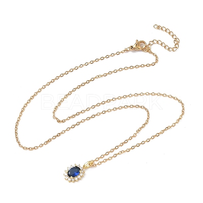 Brass Pave Clear and Blue Cubic Zirconia Oval Pendant 304 Stainless Steel Chain Necklaces for Women NJEW-D341-09G-1