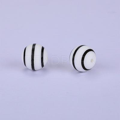 Printed Round with Stripe Pattern Silicone Focal Beads SI-JX0056A-139-1
