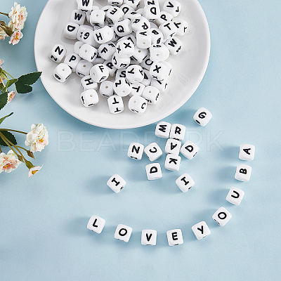 20Pcs White Cube Letter Silicone Beads 12x12x12mm Square Dice Alphabet Beads with 2mm Hole Spacer Loose Letter Beads for Bracelet Necklace Jewelry Making JX432R-1