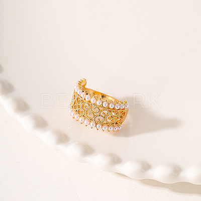 Hollow Brass with ABS Imitation Pearl Beads Wide Band Rings for Women OP9708-4-1