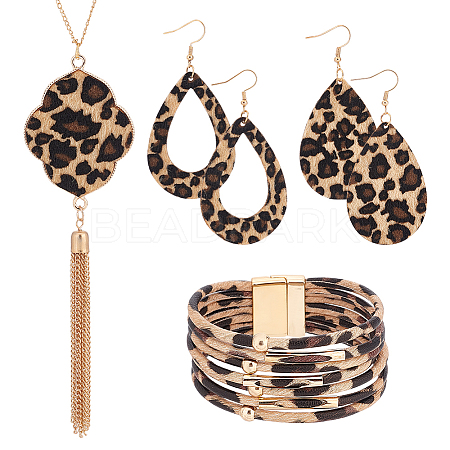 ANATTASOUL Leopard Print Teardrop Dangle Earrings & Multi-strand Bracelet & Tassel Pendant Necklace AJEW-AN0007-08-1