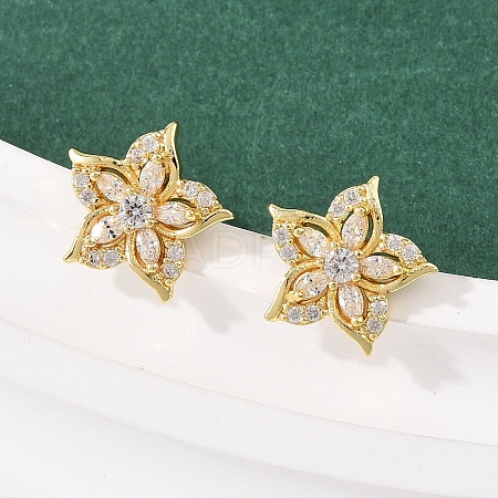 Flower Brass Micro Pave Clear Cubic Zirconia Stud Earrings EJEW-F400-01D-G-1